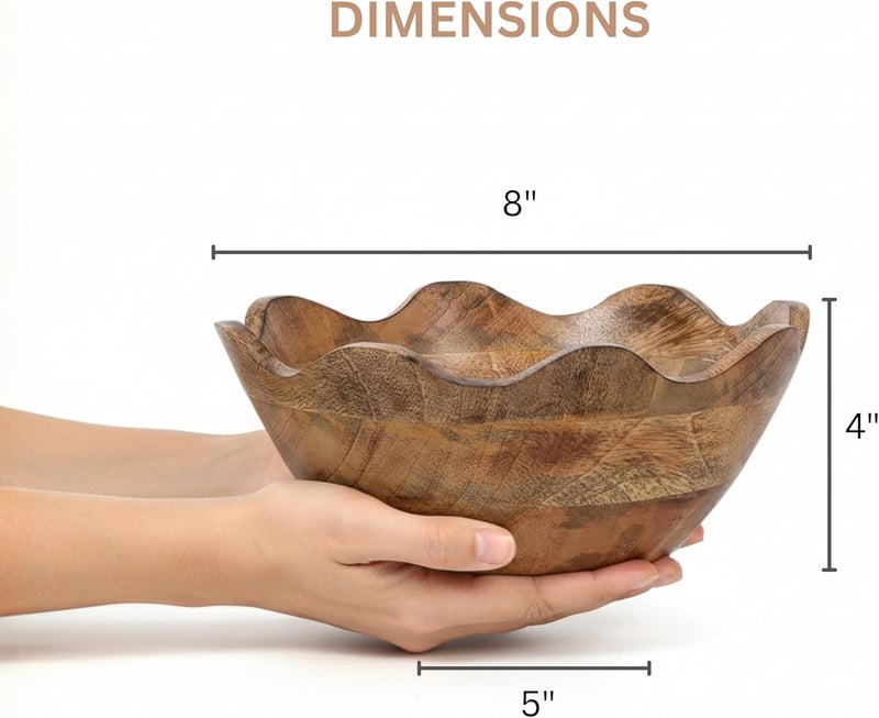 Mela Artisans Medium Scalloped Decorative Wooden Bowl | 10 Inch Mango Wood Fruit & Serving Bowl | Natural Grain Texture | Ideal for Kitchen Counter | Snacks | Desserts | Bread | Handcrafted Decor - Image 2